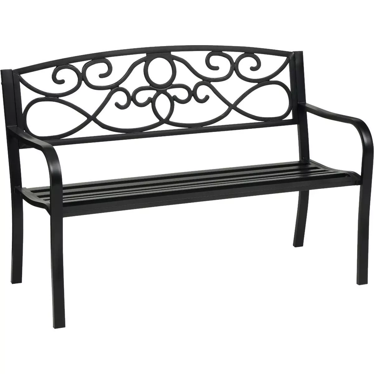 50 In. Black Steel Bench With Scroll Design