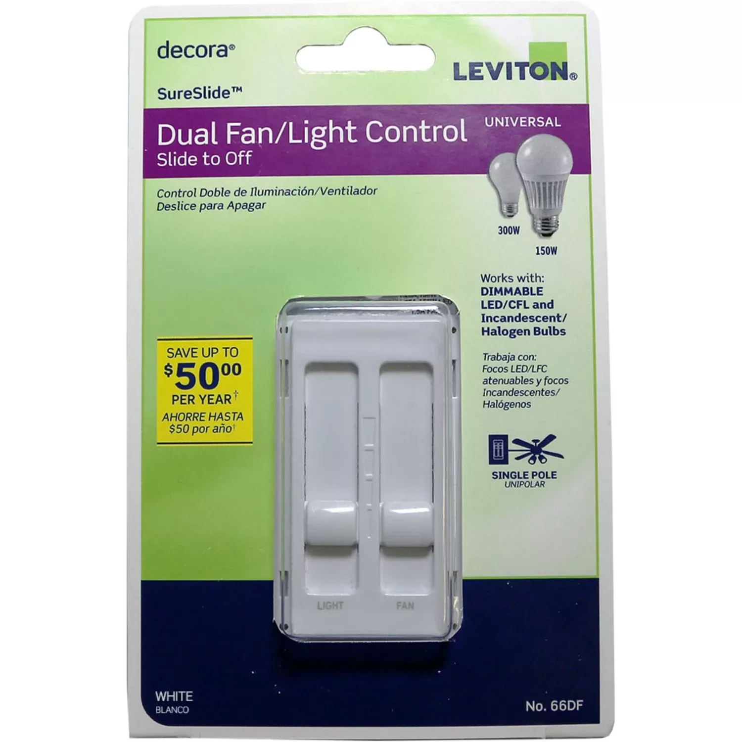 Decora Sureslide Fan & Incandescent/halogen/led Light White Slide Dimmer Switch