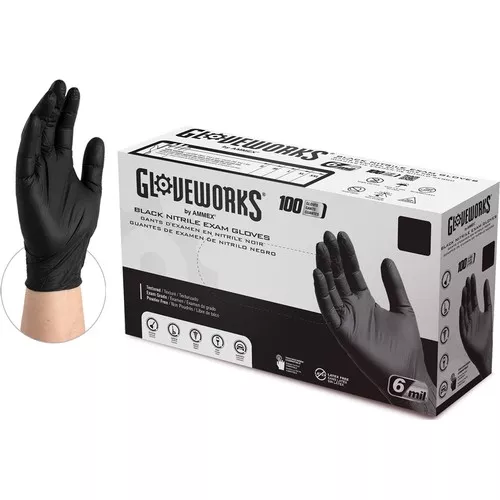Gloveworks Black Nitrile PF Exam Large Gloves