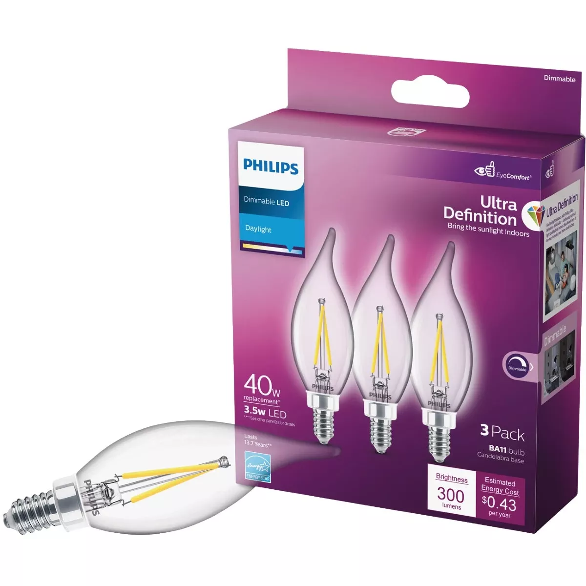 Ultra Definition 40w Equivalent Daylight Ba11 Candelabra Led Decorative Light Bulb (3-pack)