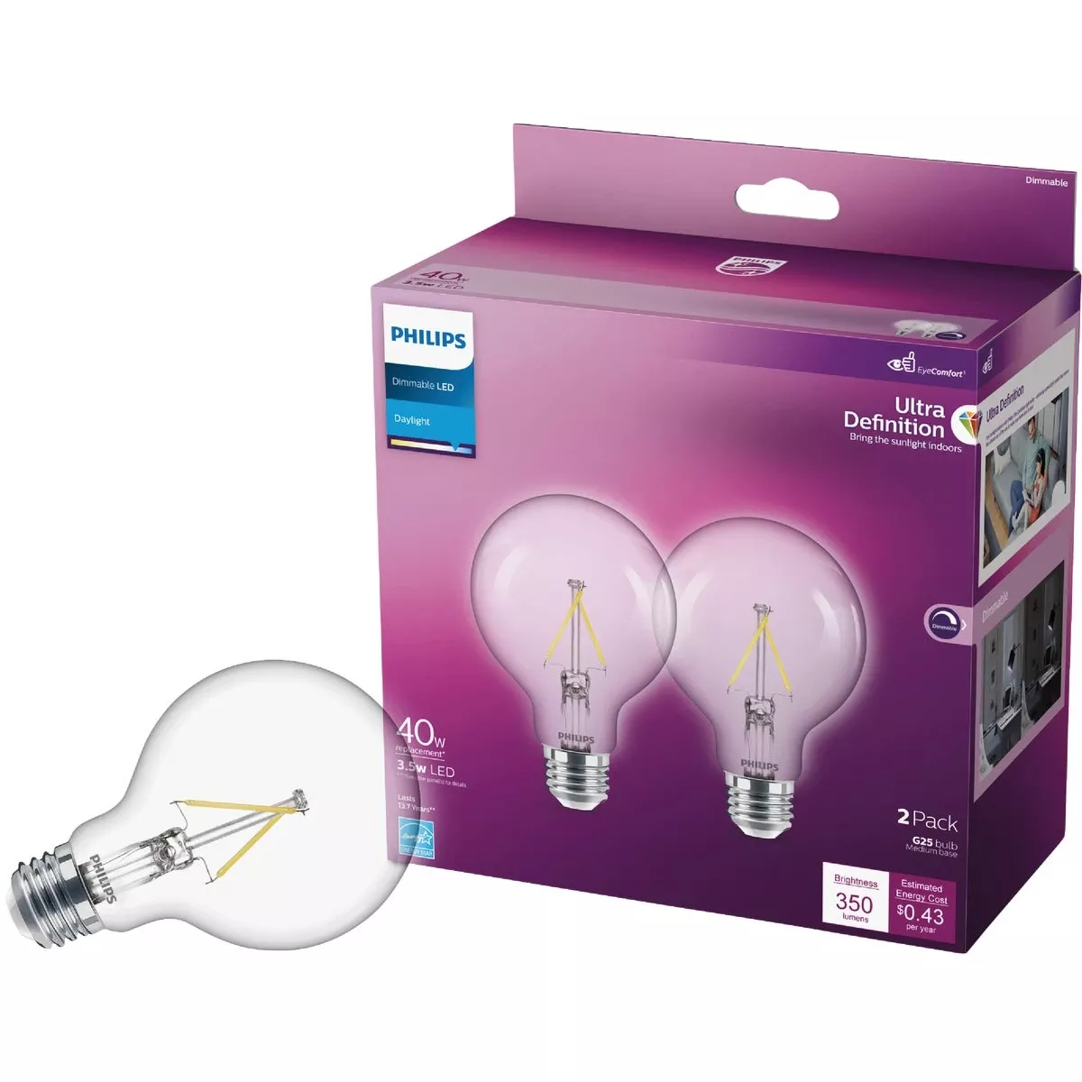 Ultra Definition 40w Equivalent Daylight G25 Medium Led Decorative Light Bulb (2-pack)