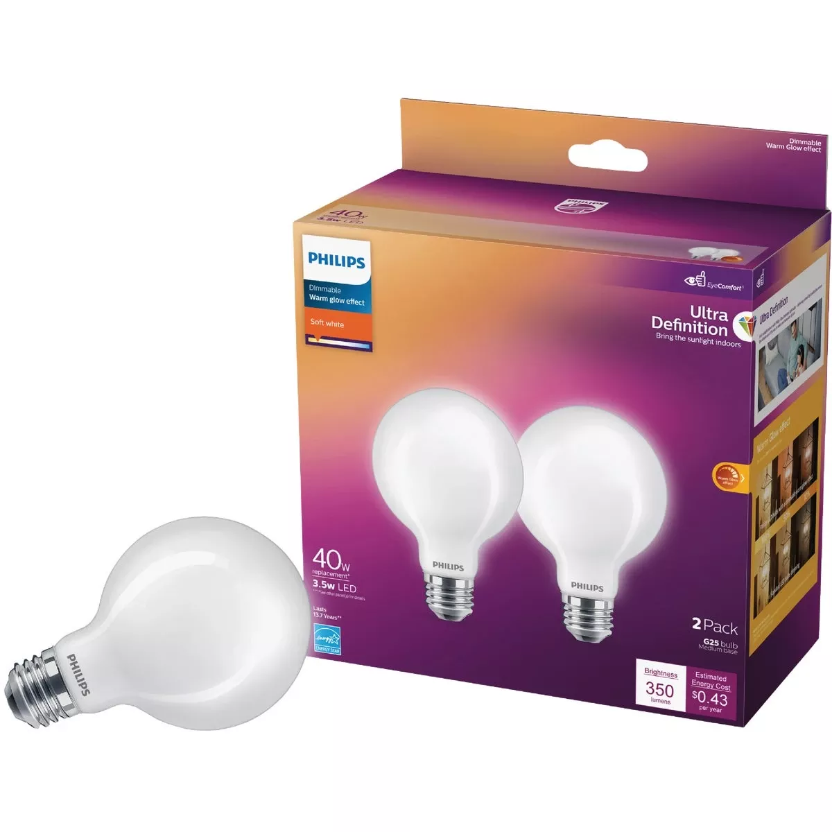 Ultra Definition 40w Equivalent Soft White G25 Medium Led Decorative Light Bulb (2-pack)