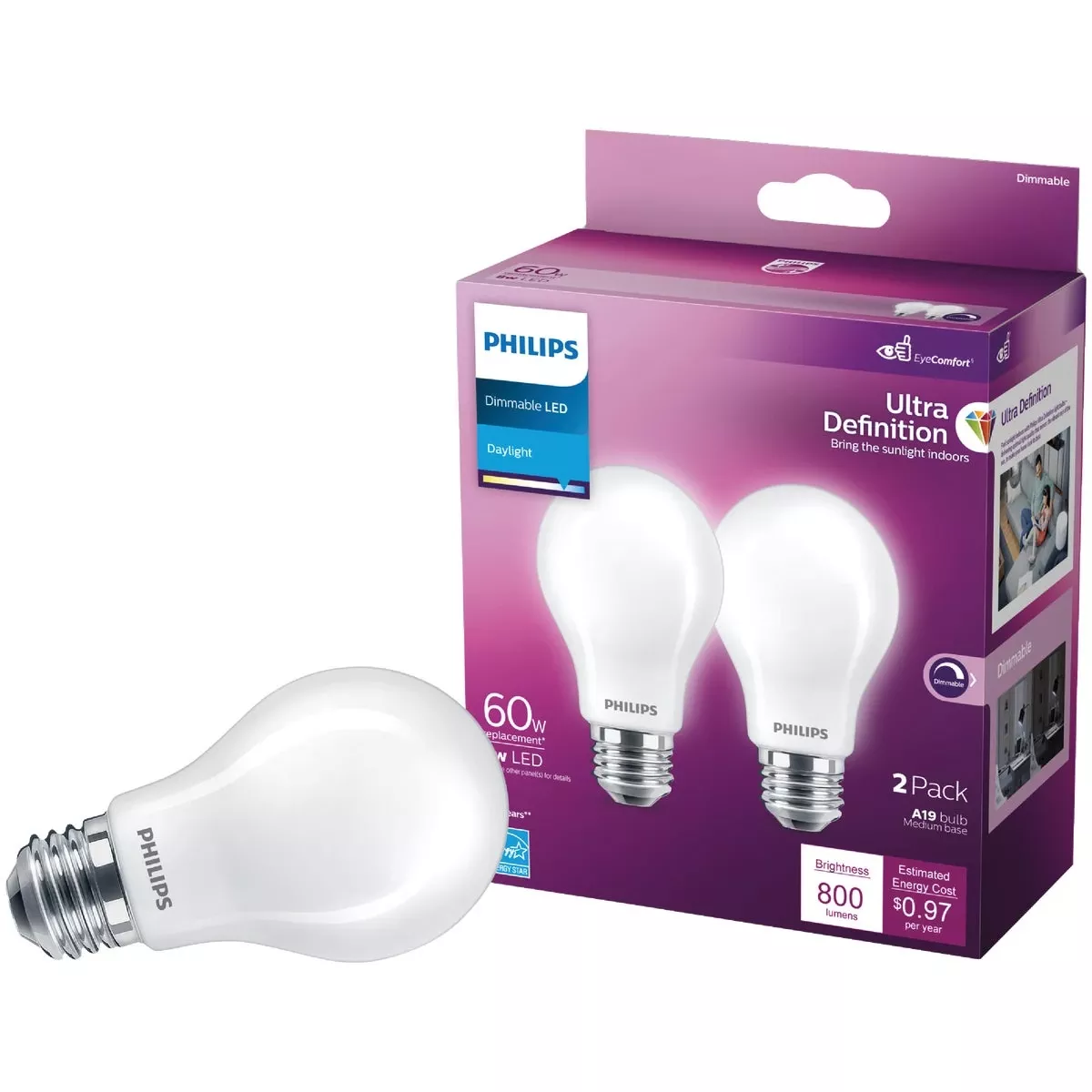 Ultra Definition 60w Equivalent Daylight A19 Medium Led Light Bulb, Frosted (2-pack)