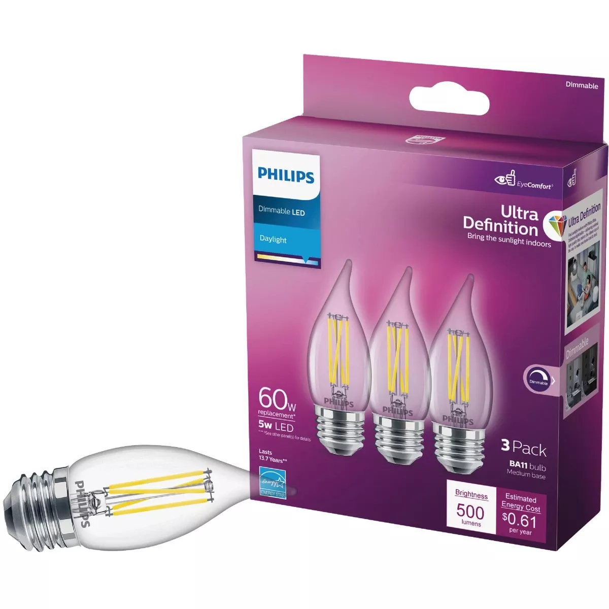 Ultra Definition 60w Equivalent Daylight Ba11 Medium Led Decorative Light Bulb (3-pack)
