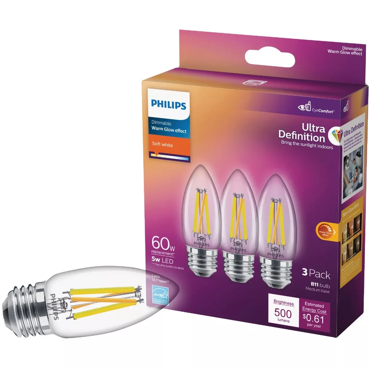 Ultra Definition 60w Equivalent Soft White B11 Medium Led Decorative Light Bulb (3-pack)