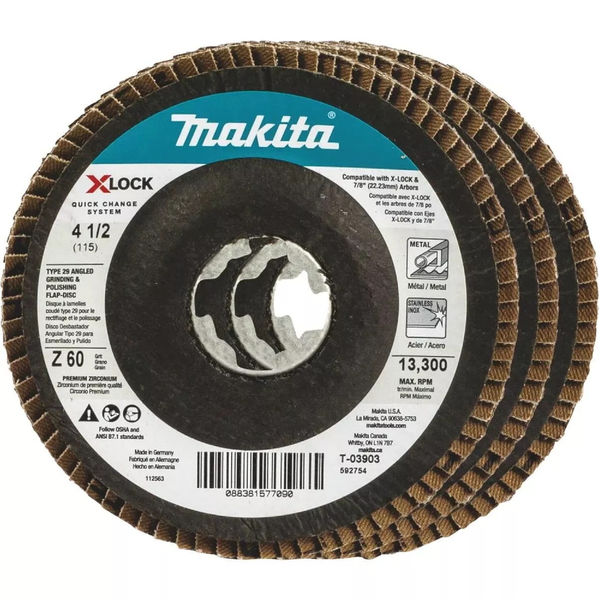 X-lock 4-1/2 In. X 7/8 In. 60-grit Type 29 Zirconia Angle Grinder Flap Disc (3-pack)